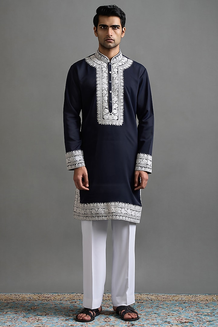 Navy Blue Japanese Fabric Dori Embroidered Kurta Set by Gargee Designers at Pernia's Pop Up Shop