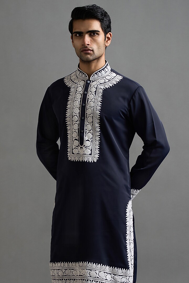 Navy Blue Japanese Fabric Dori Embroidered Kurta Set by Gargee Designers at Pernia's Pop Up Shop