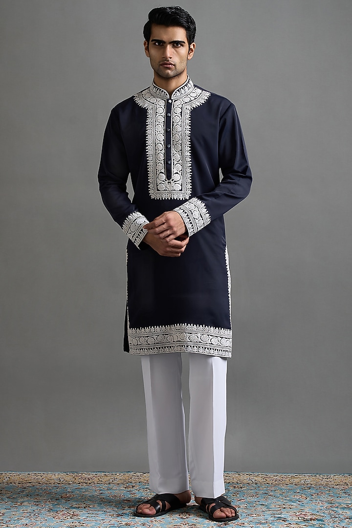 Navy Blue Japanese Fabric Dori Embroidered Kurta Set by Gargee Designers at Pernia's Pop Up Shop