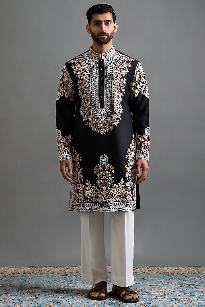 Black Cotton Silk Thread Embroidered Kurta Set by Gargee Designers at Pernia's Pop Up Shop