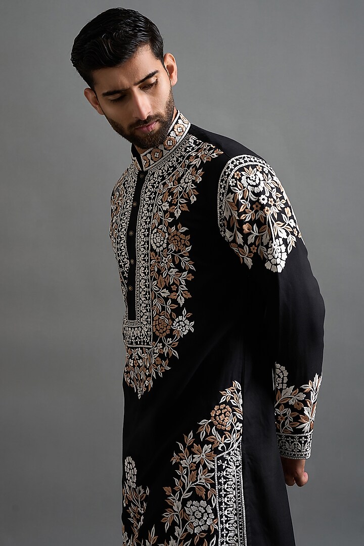 Black Cotton Silk Thread Embroidered Kurta Set by Gargee Designers at Pernia's Pop Up Shop