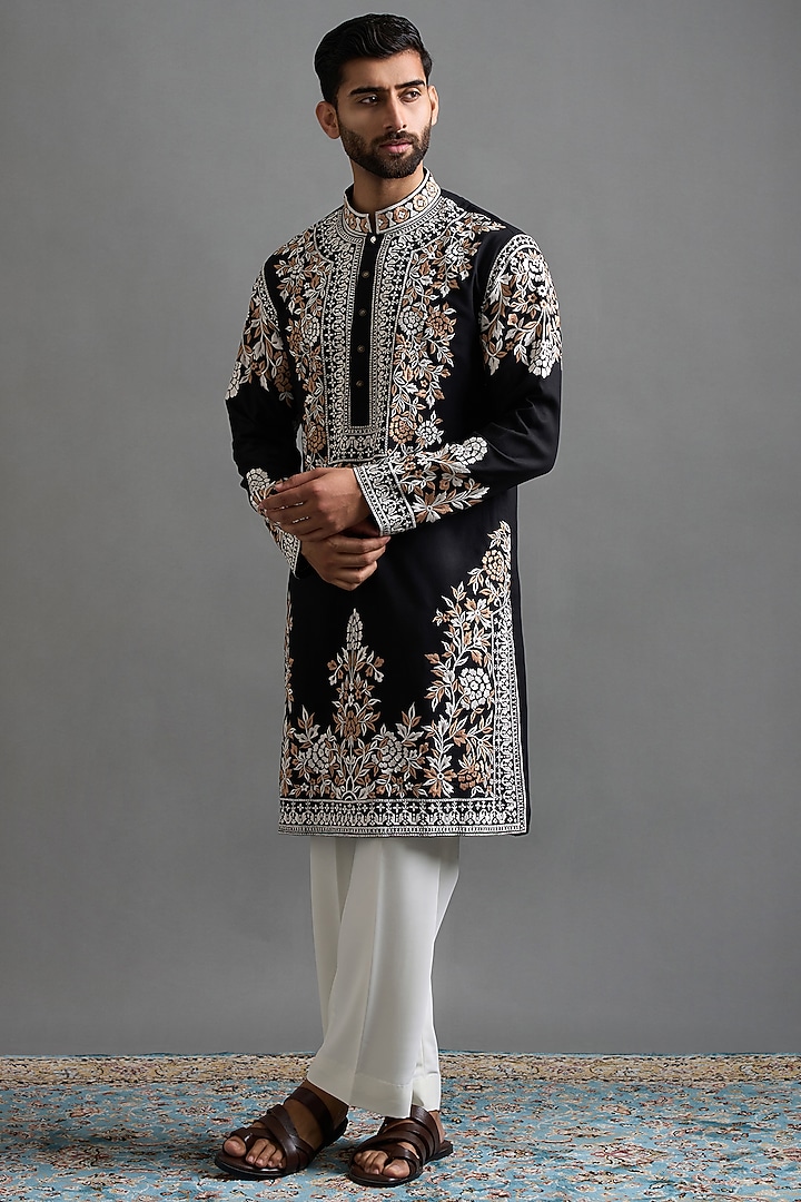 Black Cotton Silk Thread Embroidered Kurta Set by Gargee Designers at Pernia's Pop Up Shop