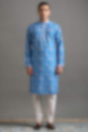 Blue Chanderi Silk Printed & Embroidered Kurta Set by Gargee Designers at Pernia's Pop Up Shop