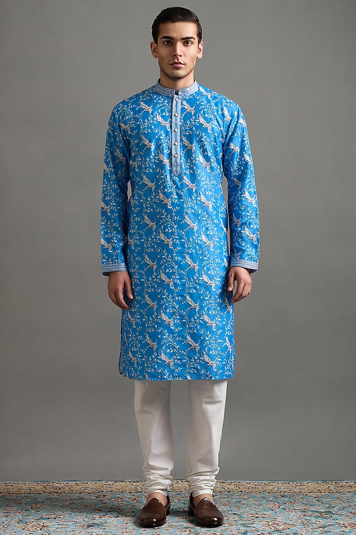 Blue Chanderi Silk Printed & Embroidered Kurta Set by Gargee Designers at Pernia's Pop Up Shop