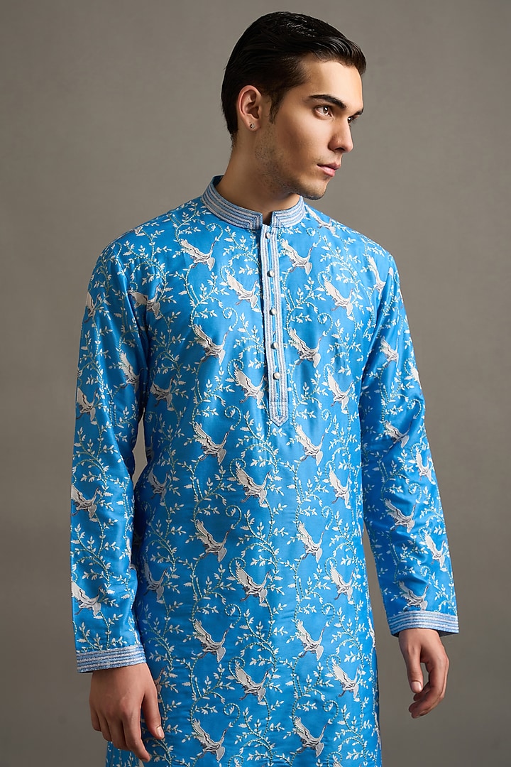 Blue Chanderi Silk Printed & Embroidered Kurta Set by Gargee Designers at Pernia's Pop Up Shop