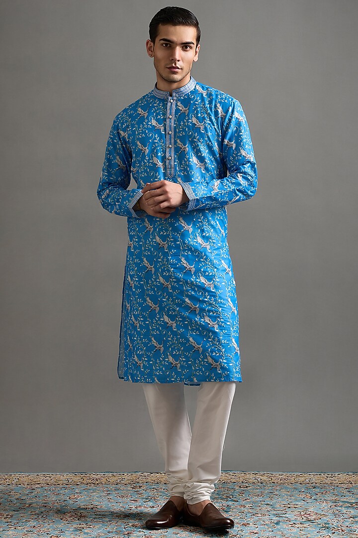 Blue Chanderi Silk Printed & Embroidered Kurta Set by Gargee Designers at Pernia's Pop Up Shop