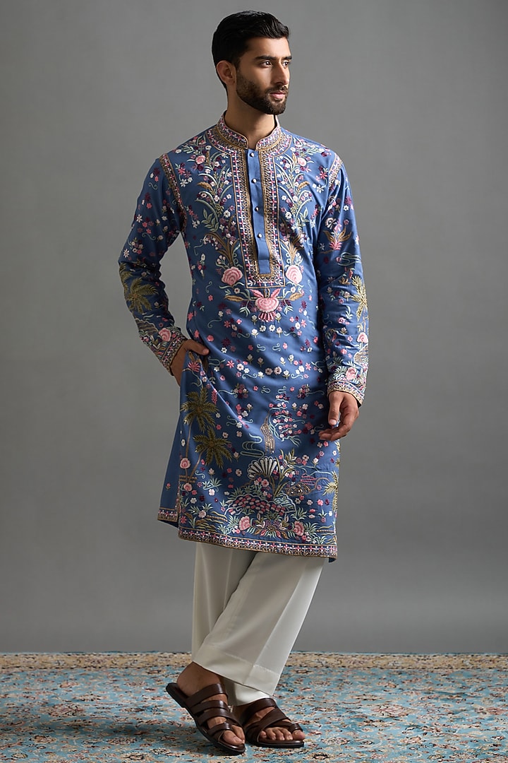 Blue Cotton Silk Hand & Machine Embroidered Kurta Set by Gargee Designers at Pernia's Pop Up Shop