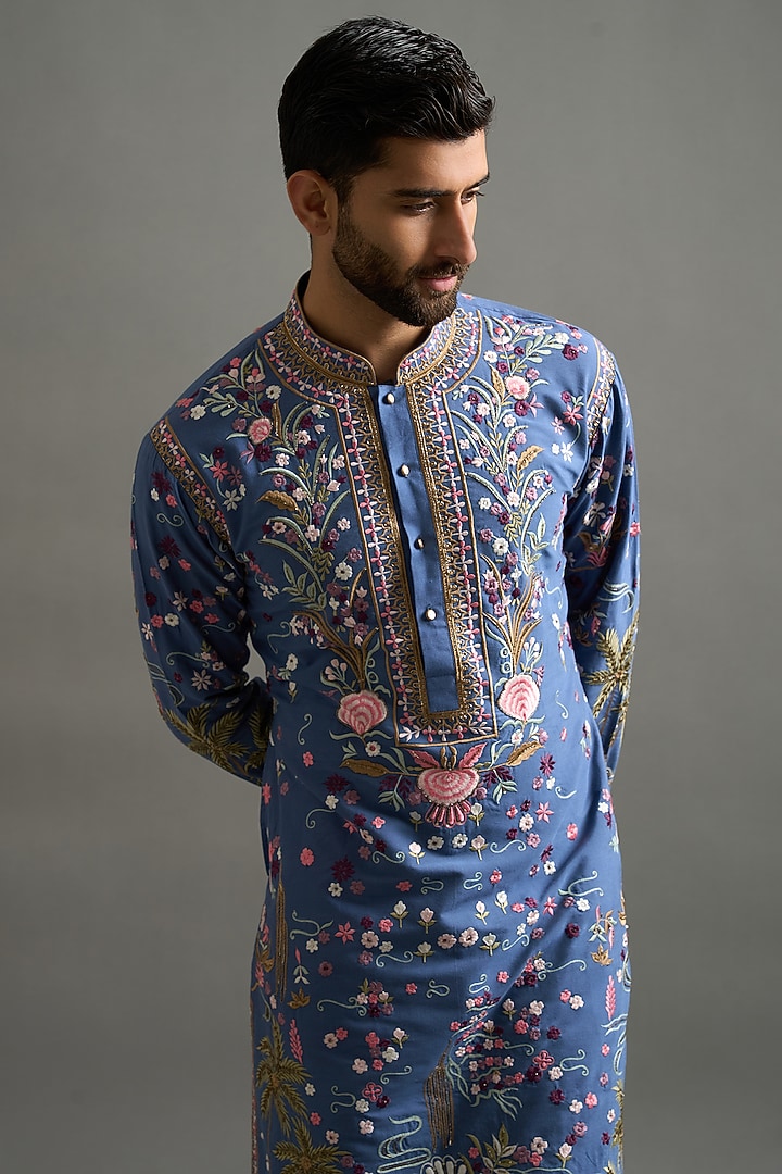 Blue Cotton Silk Hand & Machine Embroidered Kurta Set by Gargee Designers at Pernia's Pop Up Shop