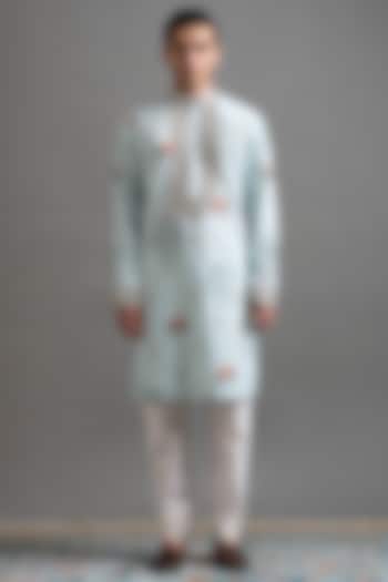 Blue Chanderi Silk Printed & Mirror Work Kurta Set by Gargee Designers at Pernia's Pop Up Shop