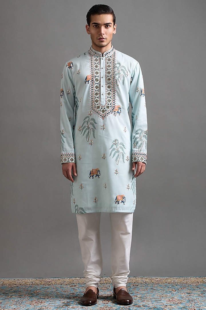 Blue Chanderi Silk Printed & Mirror Work Kurta Set by Gargee Designers at Pernia's Pop Up Shop