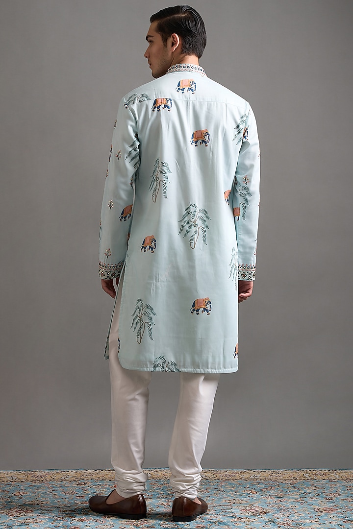 Blue Chanderi Silk Printed & Mirror Work Kurta Set by Gargee Designers at Pernia's Pop Up Shop