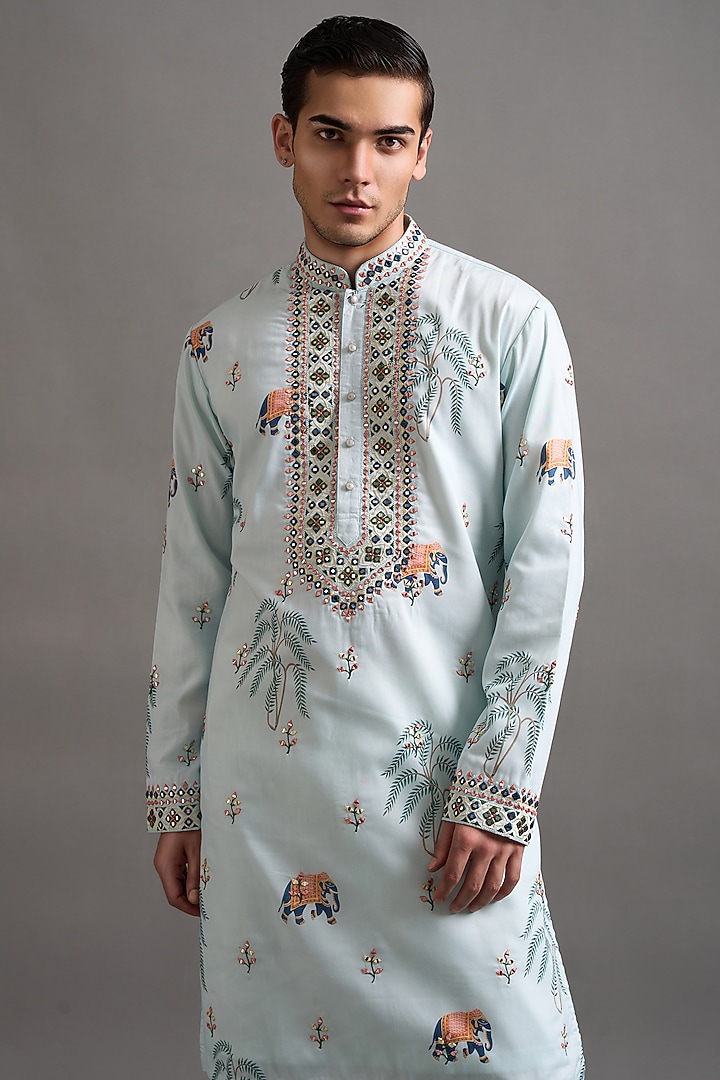 Blue Chanderi Silk Printed & Mirror Work Kurta Set by Gargee Designers at Pernia's Pop Up Shop