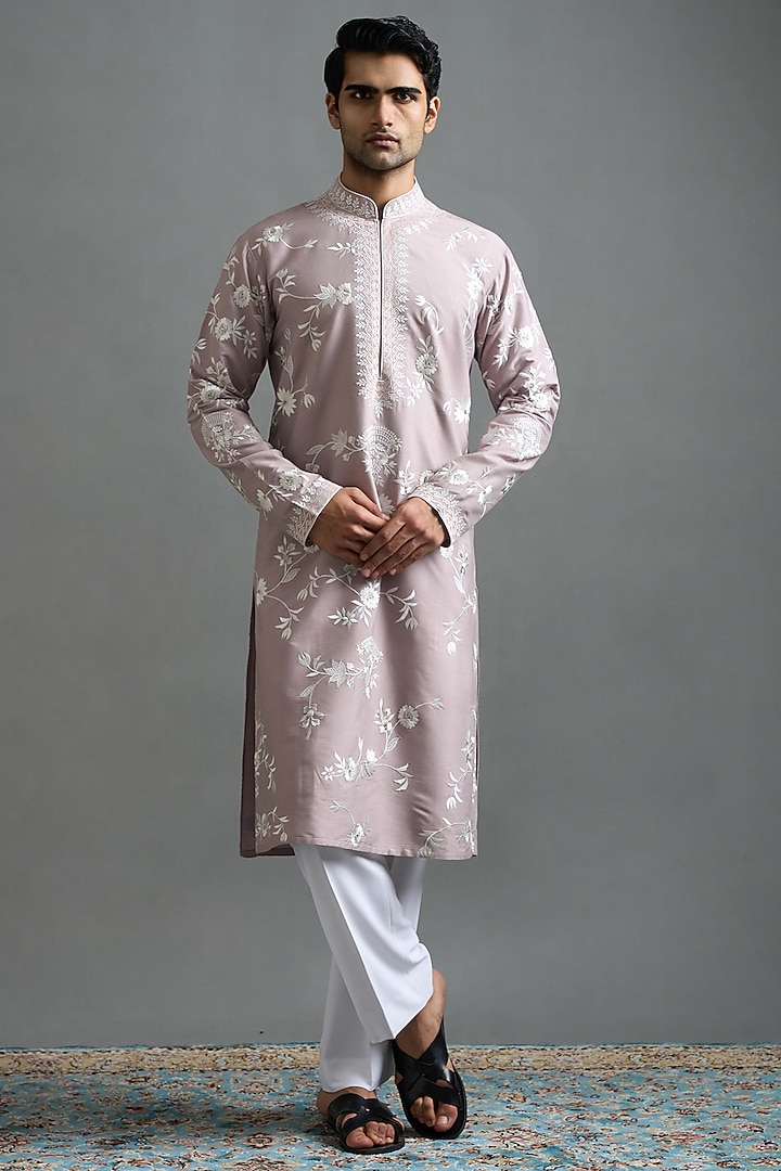 Mauve Cotton Silk Floral Embroidered Kurta Set by Gargee Designers at Pernia's Pop Up Shop