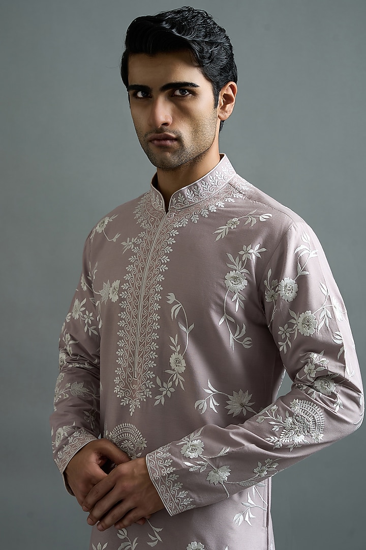 Mauve Cotton Silk Floral Embroidered Kurta Set by Gargee Designers at Pernia's Pop Up Shop