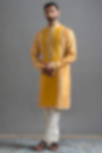 Mustard Yellow Chanderi Silk Printed & Embroidered Kurta Set by Gargee Designers at Pernia's Pop Up Shop