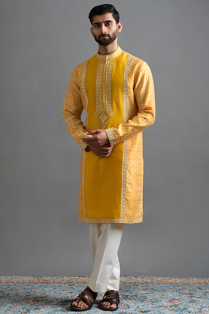 Mustard Yellow Chanderi Silk Printed & Embroidered Kurta Set by Gargee Designers at Pernia's Pop Up Shop