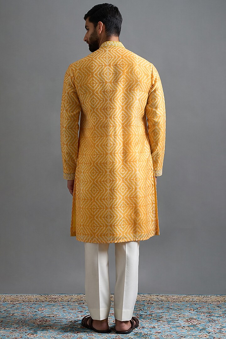 Mustard Yellow Chanderi Silk Printed & Embroidered Kurta Set by Gargee Designers at Pernia's Pop Up Shop