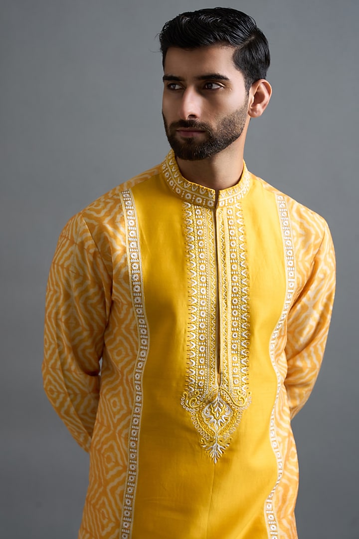 Mustard Yellow Chanderi Silk Printed & Embroidered Kurta Set by Gargee Designers at Pernia's Pop Up Shop