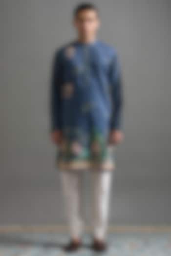 Teal Blue Chanderi Silk Printed & Embroidered Kurta Set by Gargee Designers at Pernia's Pop Up Shop