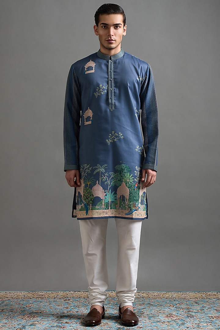 Teal Blue Chanderi Silk Printed & Embroidered Kurta Set by Gargee Designers at Pernia's Pop Up Shop