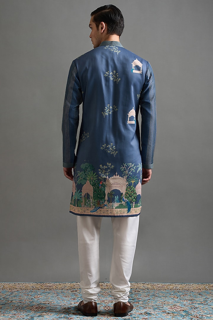 Teal Blue Chanderi Silk Printed & Embroidered Kurta Set by Gargee Designers at Pernia's Pop Up Shop