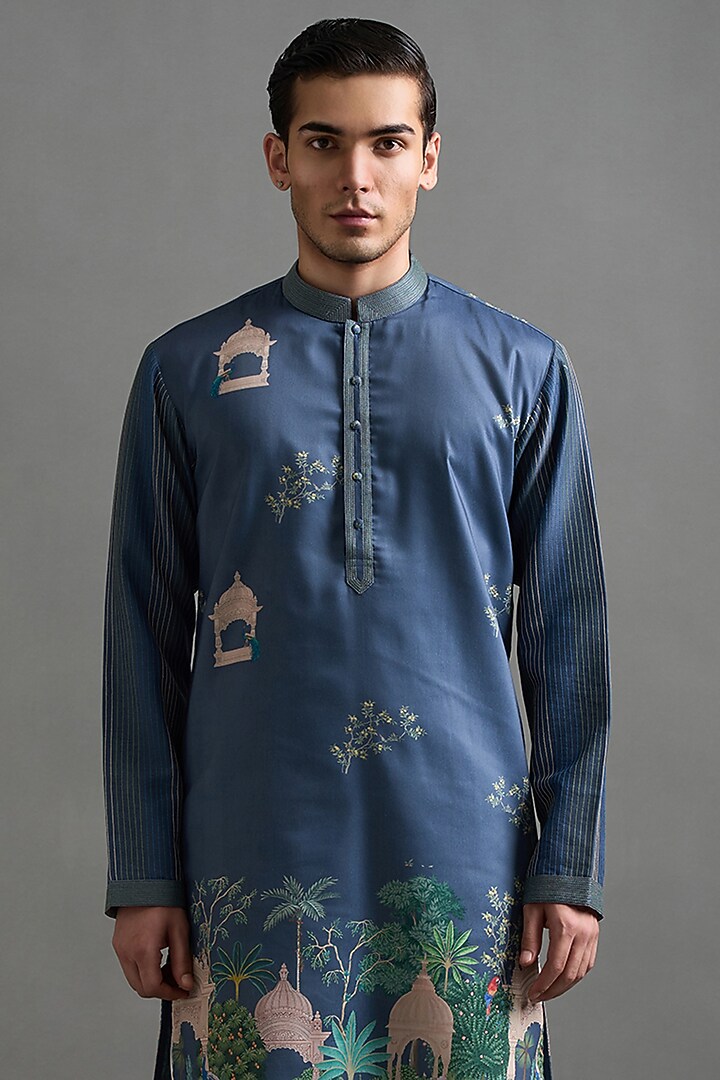Teal Blue Chanderi Silk Printed & Embroidered Kurta Set by Gargee Designers at Pernia's Pop Up Shop