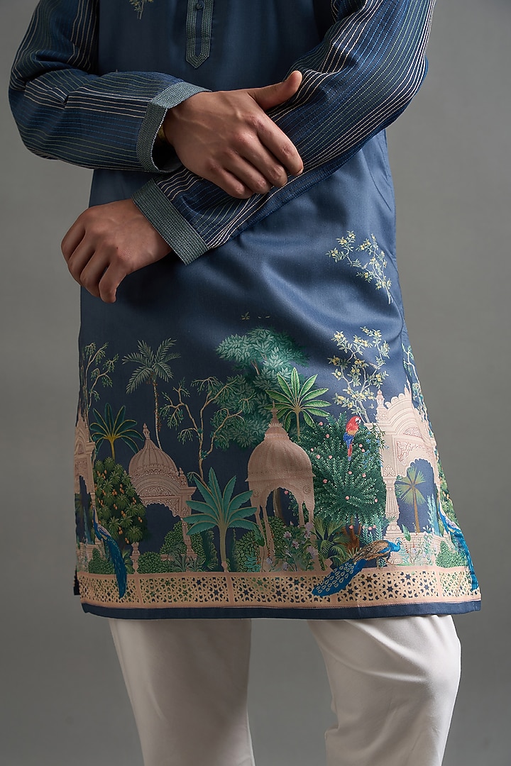 Teal Blue Chanderi Silk Printed & Embroidered Kurta Set by Gargee Designers at Pernia's Pop Up Shop