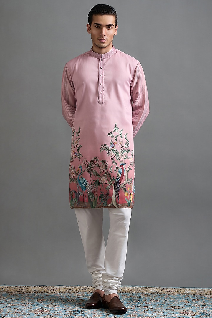 Dusty Rose Pink Chanderi Silk Printed & Embroidered Kurta Set by Gargee Designers at Pernia's Pop Up Shop