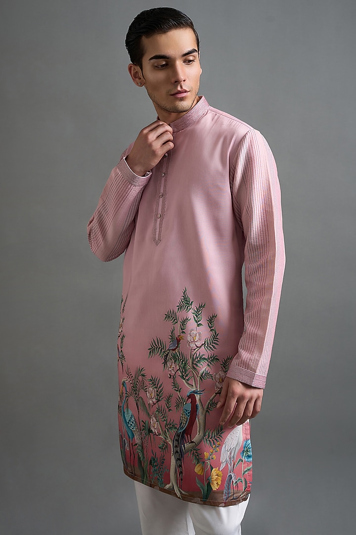 Dusty Rose Pink Chanderi Silk Printed & Embroidered Kurta Set by Gargee Designers at Pernia's Pop Up Shop