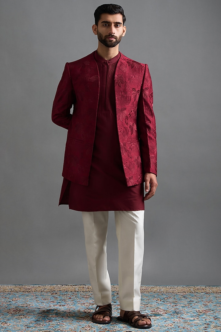 Maroon Dupion Threadwork Jacket Set by Gargee Designers at Pernia's Pop Up Shop