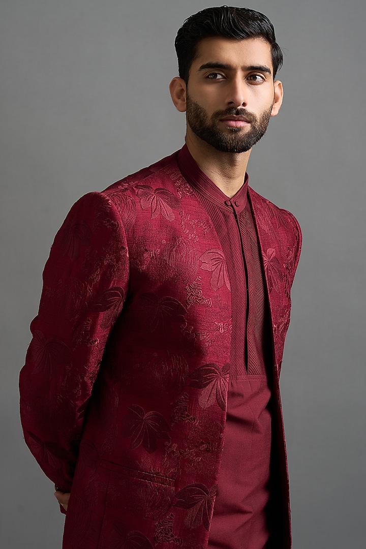 Maroon Dupion Threadwork Jacket Set by Gargee Designers at Pernia's Pop Up Shop