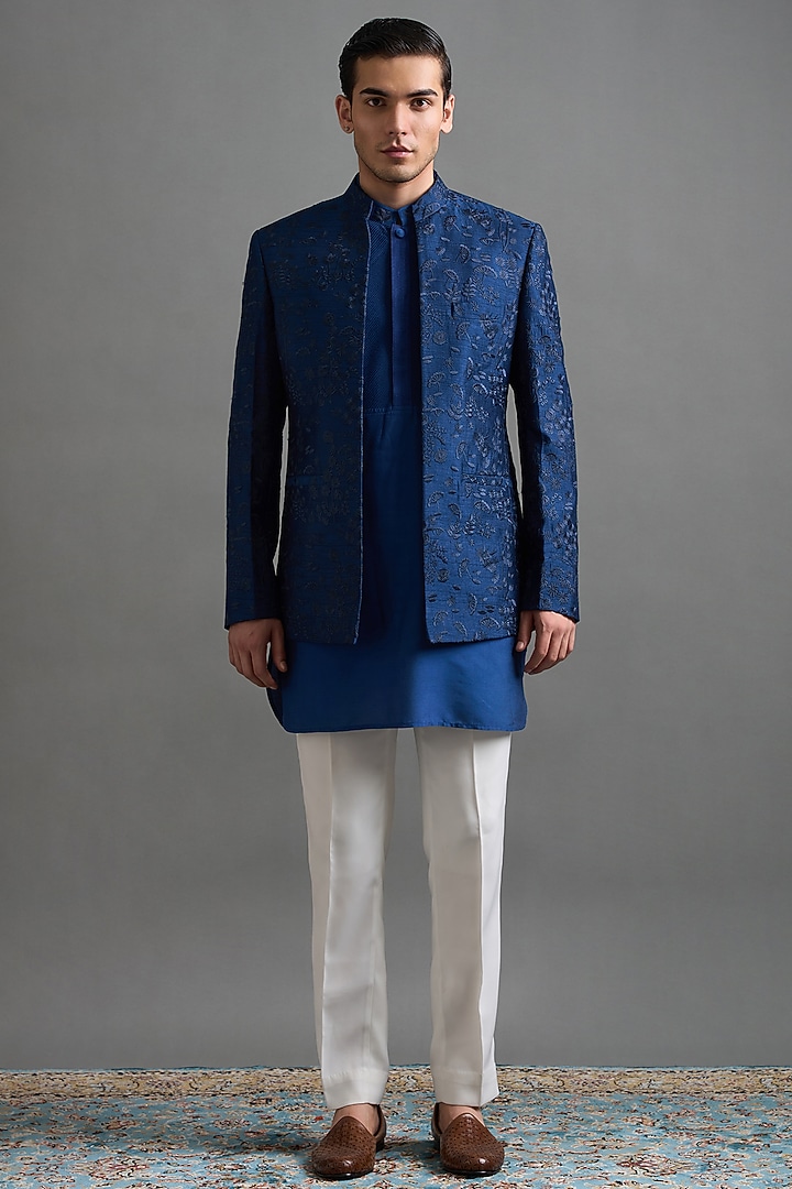 Royal Blue Dupion Threadwork Jacket Set by Gargee Designers at Pernia's Pop Up Shop
