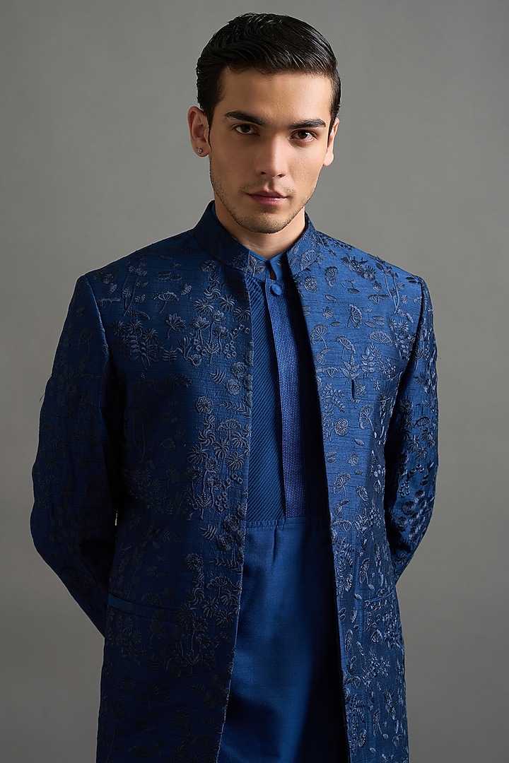 Royal Blue Dupion Threadwork Jacket Set by Gargee Designers at Pernia's Pop Up Shop