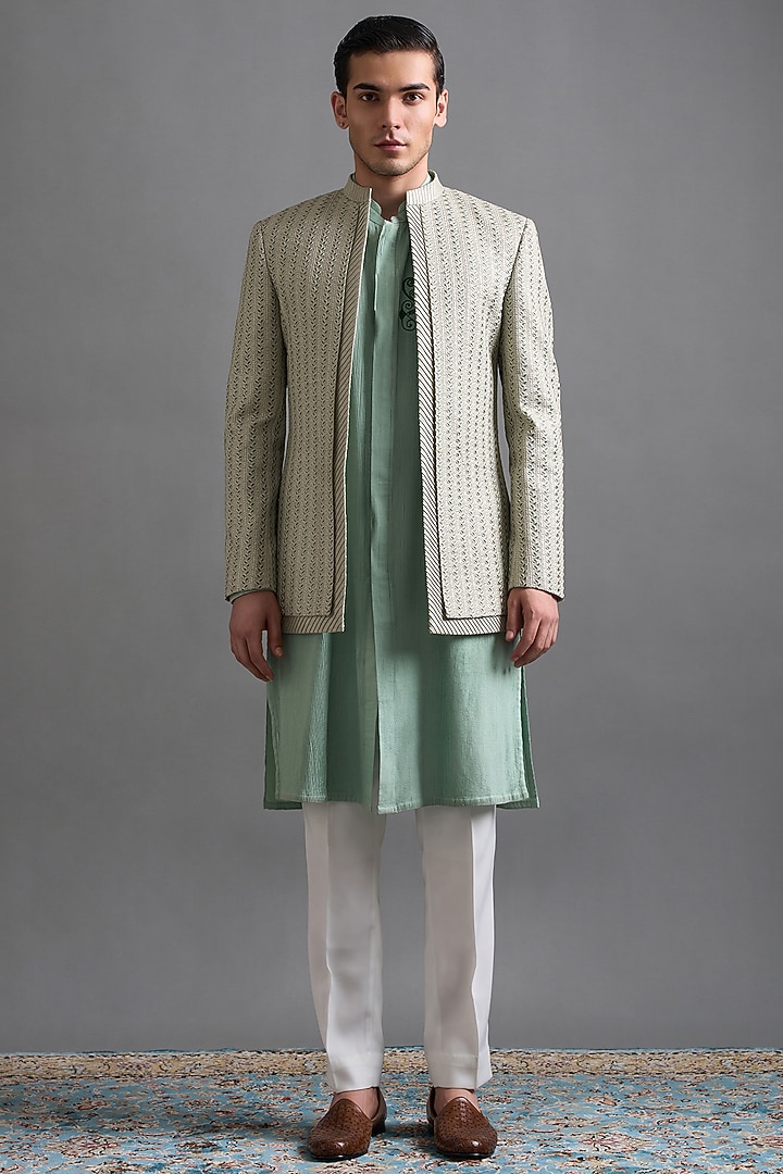 Mint Green Dupion Thread Embroidered Jacket Set by Gargee Designers at Pernia's Pop Up Shop