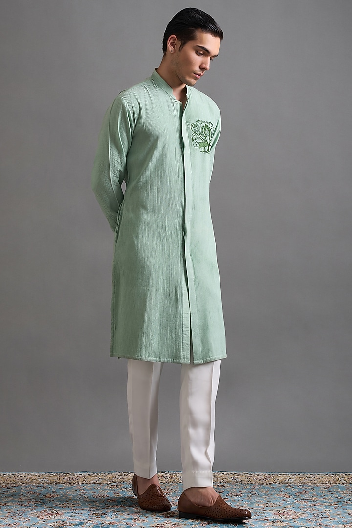 Mint Green Dupion Thread Embroidered Jacket Set by Gargee Designers at Pernia's Pop Up Shop