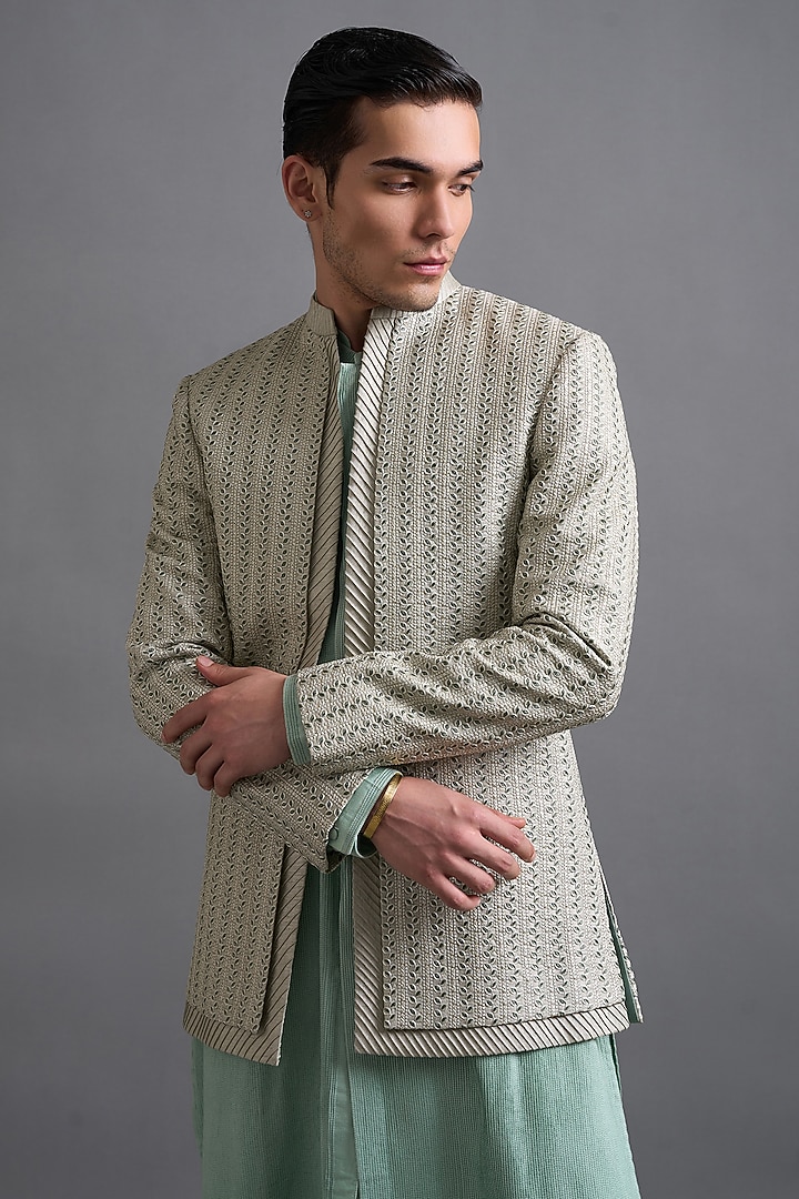 Mint Green Dupion Thread Embroidered Jacket Set by Gargee Designers at Pernia's Pop Up Shop