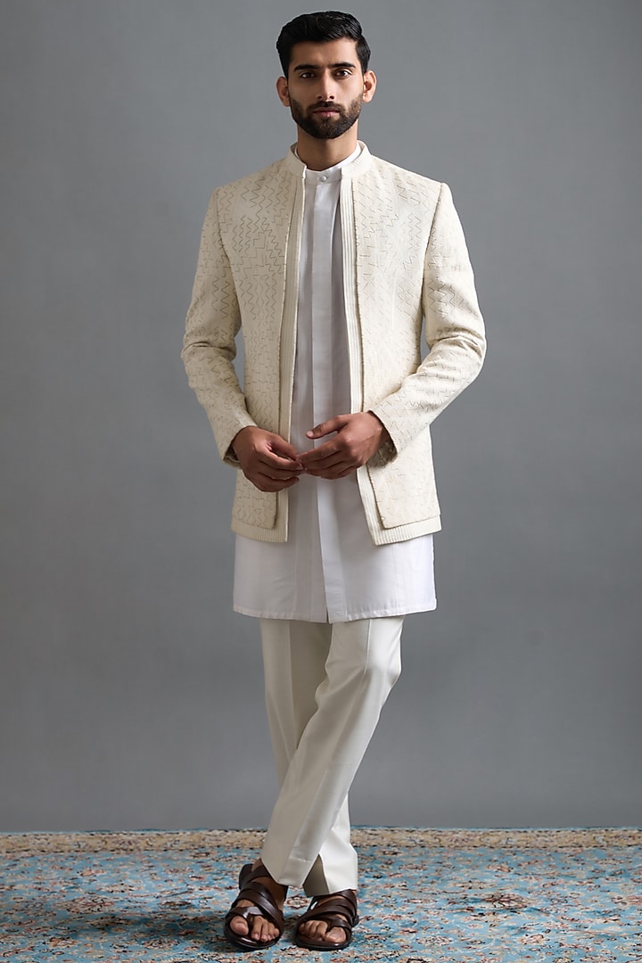 Pristine Ivory Dupion Thread Embroidered Jacket Set by Gargee Designers at Pernia's Pop Up Shop