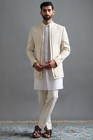 Pristine Ivory Dupion Thread Embroidered Jacket Set by Gargee Designers
