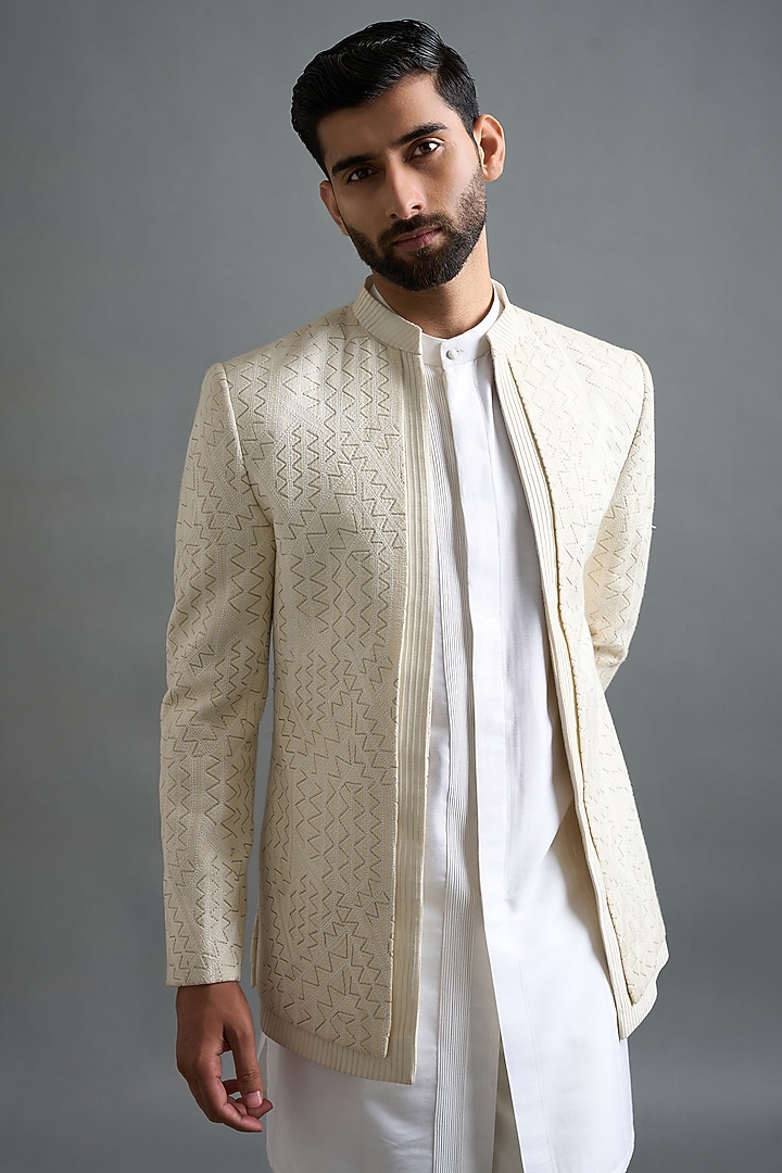 Pristine Ivory Dupion Thread Embroidered Jacket Set by Gargee Designers at Pernia's Pop Up Shop