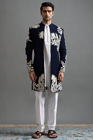 Navy Polyester Threadwork Indowestern Set by Gargee Designers