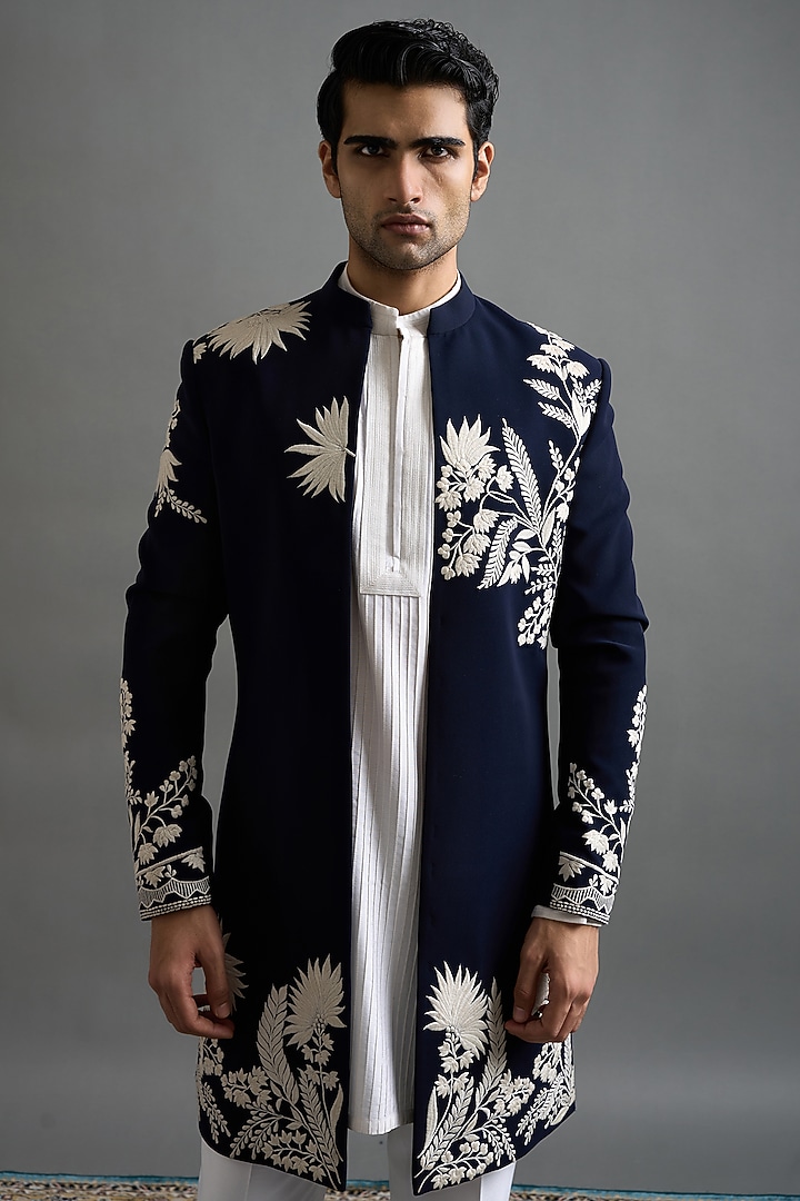 Navy Polyester Threadwork Wedding Indowestern Set by Gargee Designers at Pernia's Pop Up Shop