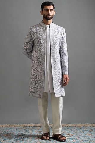 Silver-Grey Polyester Resham Embroidered Indowestern Set by Gargee Designers