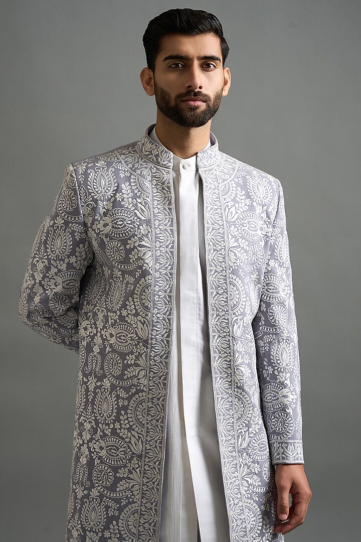 Silver-Grey Polyester Resham Embroidered Wedding Indowestern Set by Gargee Designers at Pernia's Pop Up Shop