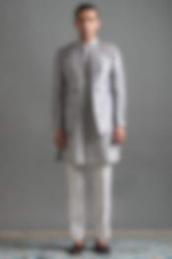 Stone Grey Raw Silk Embroidered Jacket Set by Gargee Designers at Pernia's Pop Up Shop