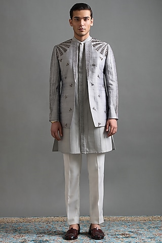 Stone Grey Raw Silk Embroidered Jacket Set by Gargee Designers