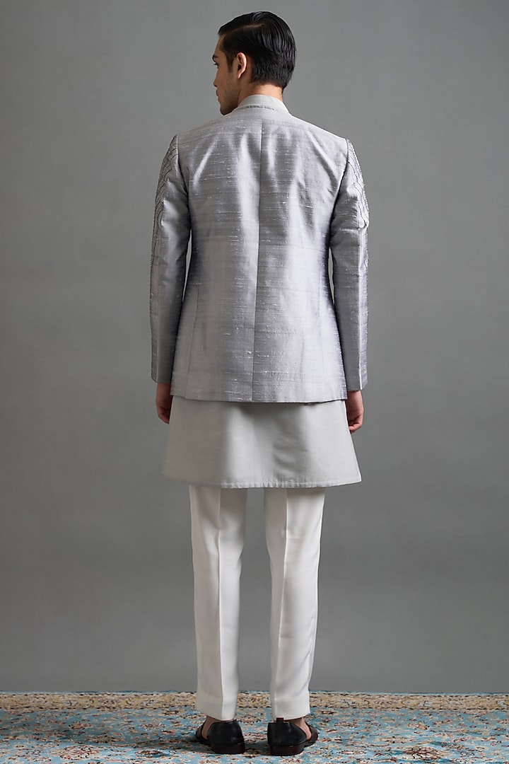 Stone Grey Raw Silk Embroidered Jacket Set by Gargee Designers at Pernia's Pop Up Shop