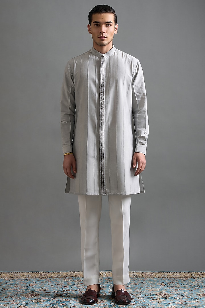 Stone Grey Raw Silk Embroidered Jacket Set by Gargee Designers at Pernia's Pop Up Shop