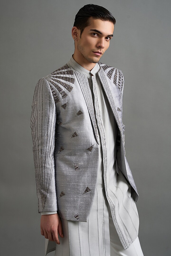 Stone Grey Raw Silk Embroidered Jacket Set by Gargee Designers at Pernia's Pop Up Shop