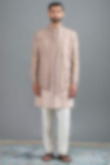 Beige Raw Silk Hand & Machine Embroidered Jacket Set by Gargee Designers at Pernia's Pop Up Shop