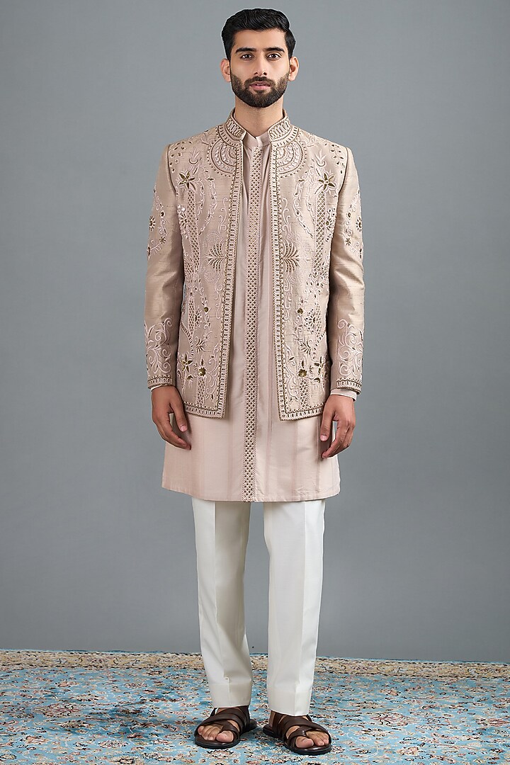 Beige Raw Silk Hand & Machine Embroidered Jacket Set by Gargee Designers at Pernia's Pop Up Shop